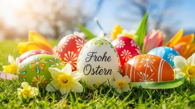 Colorful handpainted easter eggs nestled in green grass with daffodils and tulips, "frohe ostern" greeting in sunny spring meadow, festive seasonal composition