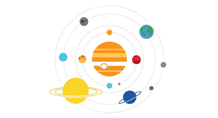 Colorful illustration depicting the planets orbiting the sun in a simplified solar system © Ziaul_Studio