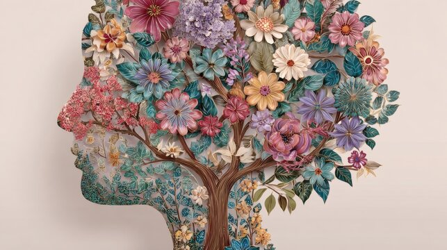 Human head silhouette filled with blooming tree and colorful flowers