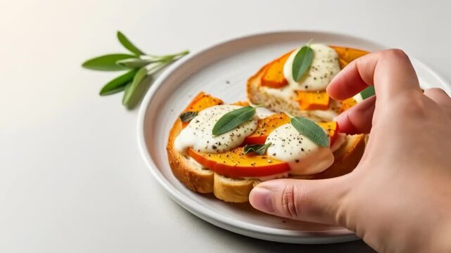 Hand picking up a toasted slice topped with roasted squash, burrata and sage from a white plate closeup sequence of serving motion and food styling