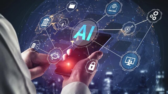 Hands holding smartphone with bright AI text surrounded by digital icons representing technology, connectivity, and innovation against a cityscape background Gluon.