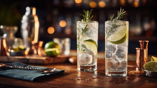 Elegant gin and tonic banner with rosemary garnish on a wooden bar table