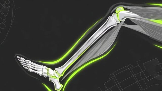An illustration depicting the anatomy of a human leg, highlighting bones and muscles. This image is ideal for educational or medical contexts