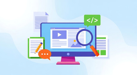 A computer screen displays a video on a webpage with documents and icons surrounding it on a desk in an office.