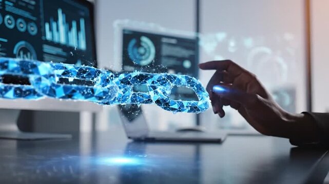 Digital blockchain connection with human hand technology interface