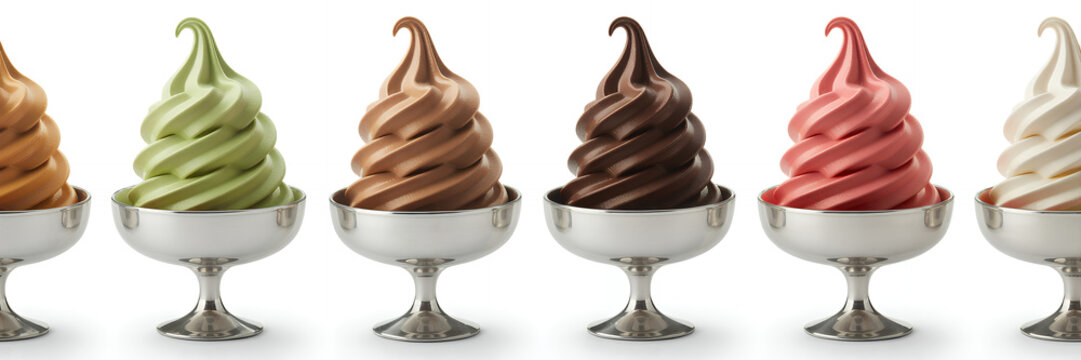 Assorted soft serve ice cream flavors in silver dishes frozen yogurt