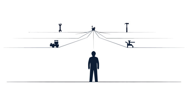 Silhouette of Man Facing Multiple Life Paths and Career Choices - Minimalist Vector Illustration of Decision Making, Future Planning, and Work-Life Balance Concepts Isolated on White Background