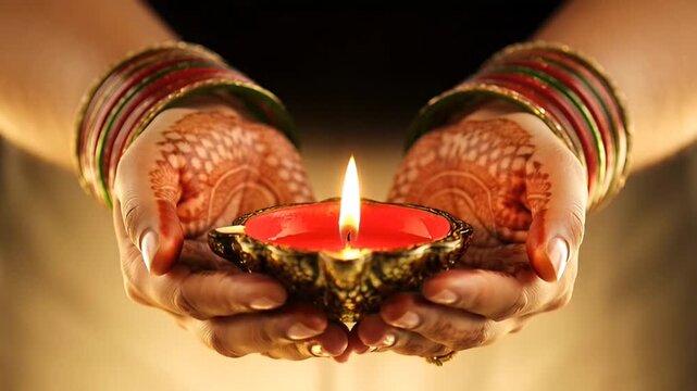 Hands cradling a lit diya with henna designs and bangles