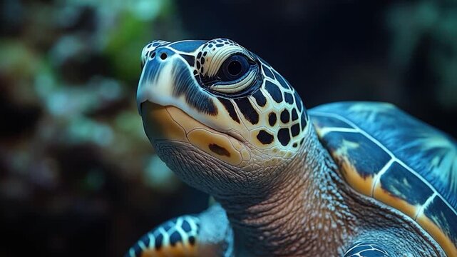 A detailed shot of a turtle's face with a blurred out background