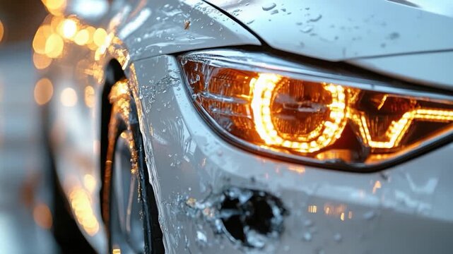 A close-up shot of a car's headlight in the rain, suitable for use in weather-related or transportation-themed contexts