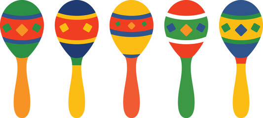 Five colorful maracas with geometric patterns on a white background shaker percussion
