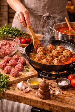 Alb&oacute;ndigas in Tomatensauce werden in spanischer K&uuml;che zubereitet hochformat
Spanische Fleischb&auml;llchen werden in aromatischer Tomatensauce in einer rustikalen K&uuml;che gegart.