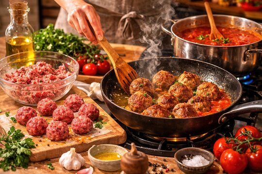 Alb&oacute;ndigas in Tomatensauce bei der Zubereitung querformat
Spanische Alb&oacute;ndigas werden in einer Pfanne mit Tomatensauce in rustikaler K&uuml;chenatmosph&auml;re zubereitet.