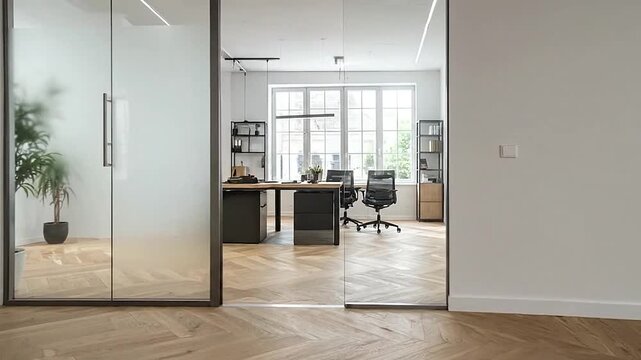 Modern office interior with glass partitions and wooden parquet floor