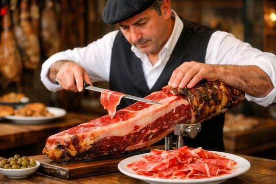 Cortador schneidet Jam&oacute;n in traditioneller Zubereitung querformat
Ein Cortador schneidet spanischen Jam&oacute;n fachkundig in d&uuml;nne Scheiben in authentischer Umgebung.