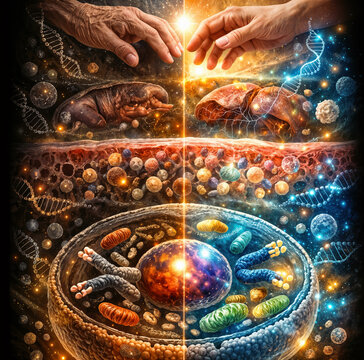 Cellular aging and longevity medicine vertical cross section showing telomere comparison mitochondrial health epigenetic clock senescent cell clearance and hands representing human vitality