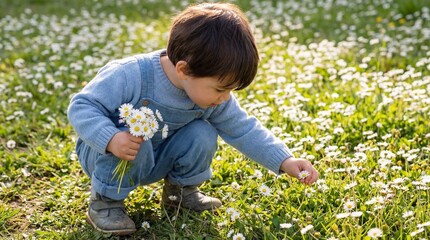Child picking daisies in sunny meadow with wildflowers © Tatyana