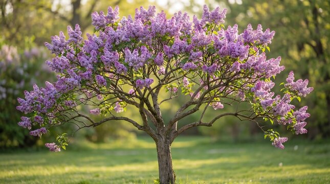 Blooming lilac tree in sunny garden with soft natural light