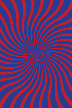 Abstract psychedelic sunburst background with red and blue wavy spiral rays