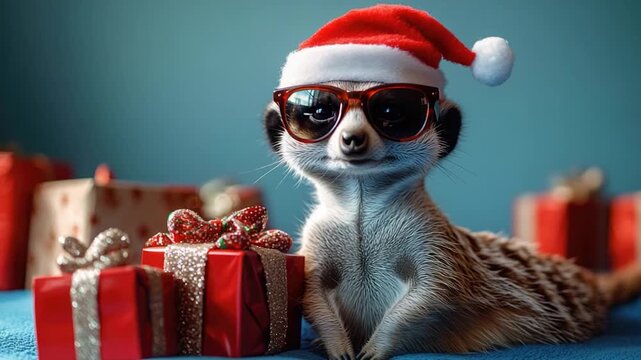A meerkat dressed as Santa Claus with trendy sunglasses, ready for the holidays