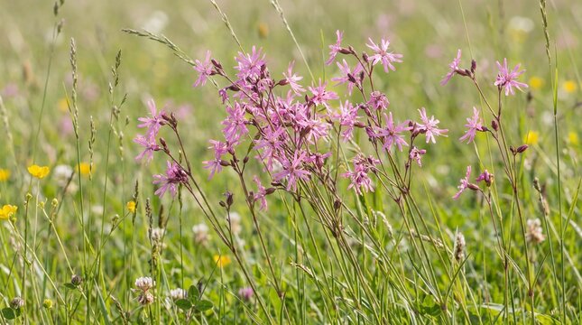 Pink ragged robin flowers blooming in green meadow background