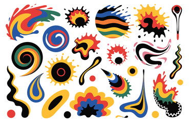 Naklejka premium Dynamic vector illustration featuring a vibrant collection of abstract shapes, fluid splashes, and colorful psychedelic swirls for creative graphic design projects.