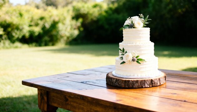 Three-tier white wedding cake with textured frosting and floral decorations. Rustic outdoor wedding reception on a wooden table. City hall or courthouse wedding celebration concept. Copy space