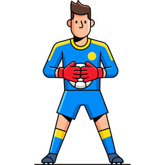 Obraz premium A soccer goalkeeper in blue uniform holds a ball outdoors in daytime