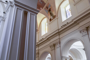 Baroque church interior architectural details white ornament. © Kassandra