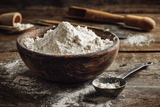 Macro shot of starch in a wooden bowl on a textured tabletop with soft shadows and simple kitchenware in the background