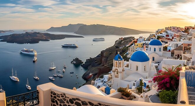 Santorini Greece Whitewashed Houses Blue Domes.