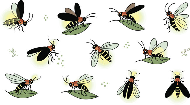 Cute firefly vector character sheet collection featuring various glowing lightning bug poses on leaves and flying isolated on white background for nature and summer evening design.