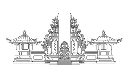Elaborate Balinese Gate and Pavilions Line Art Illustration. © Izas ganis