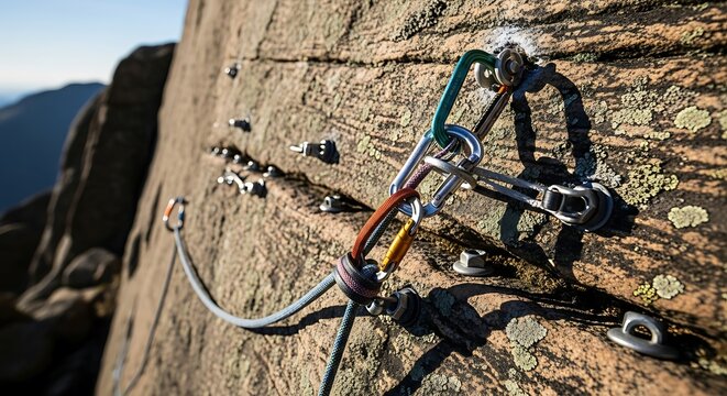 Rock Climbing Gear on Cliff Face - Safety and Adventure.
