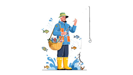 A Fisherman's Bounty: A fisherman stands proudly with his catch, basket overflowing with fish, rod poised, surrounded by vibrant sea life and the elements. © hafs121