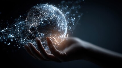 Fototapeta premium Hand holding glowing digital Earth with connecting nodes