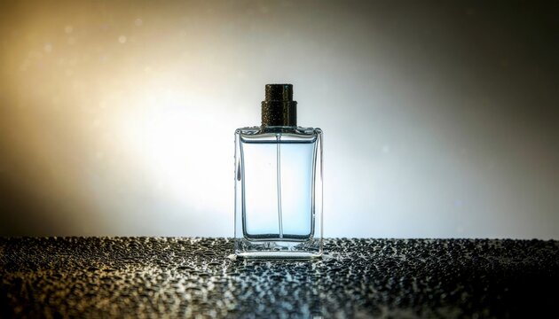 A sleek perfume bottle sits on a textured surface, illuminated by soft light, highlighting its elegant design and transparent liquid.