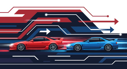 Obraz premium Red and Blue Sports Cars Racing, Speed, Competition, Futuristic Technology