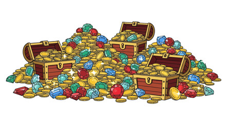 Treasure Chests Overflowing with Gold Coins and Gemstones, Symbolizing Wealth and Riches © nia