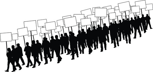 Naklejka premium Silhouette of a protesting crowd marching with blank signs, activist demonstration group vector for social justice, cad drawing flat vector illustration