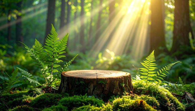A sun-drenched forest scene showcasing a tree stump amidst vibrant ferns and lush green moss, with beams of light