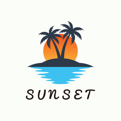 Tropical sunset logo with palm trees and ocean