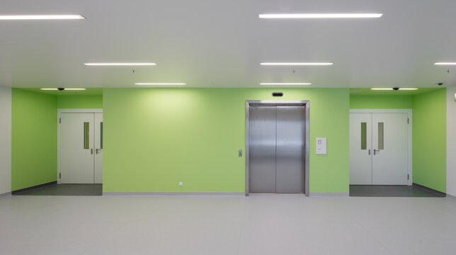 Modern hospital corridor interior with elevators and emergency exit signs.