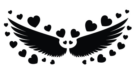 A striking black silhouette depicts a winged skull adorned with numerous heart shaped elements creating a gothic romantic aesthetic © Asikder02