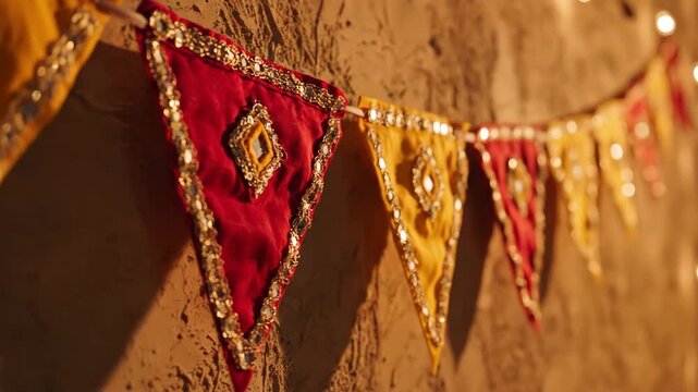 Colorful festival decorations with vibrant triangular bunting in red and yellow shades, embellished with decorative sequins and patterns, ideal for festive occasions and celebrations.
