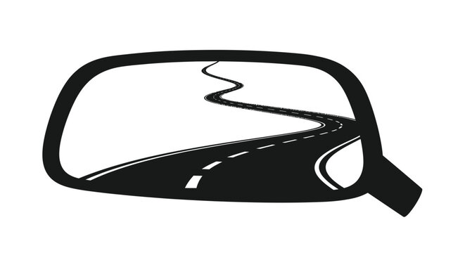 A black and white illustration depicts a car side mirror reflecting a winding empty road ahead high quality professional