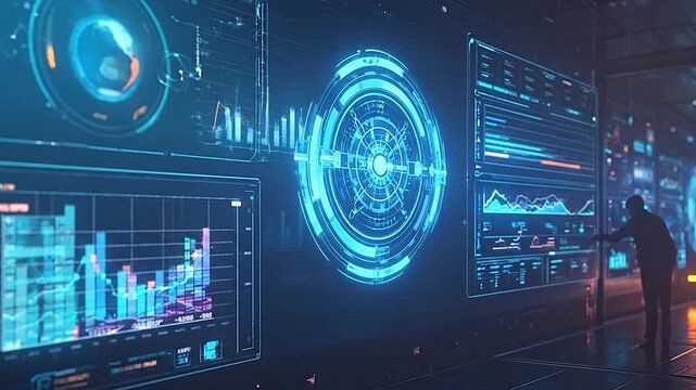 Man observing a futuristic digital interface with data visualization