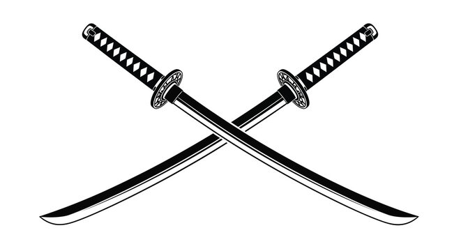 A striking black and white illustration depicts two traditional japanese katanas crossed showcasing their elegant curves and detailed hilts