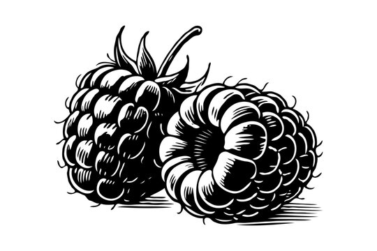Two raspberries illustrated in hand-drawn black and white style with detailed shading on a white background, concept of organic fruit sketch