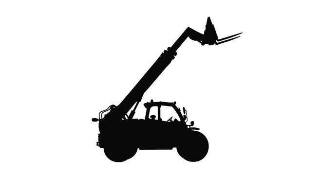 A stark silhouette of a telescopic handler a versatile construction vehicle is isolated against a brilliant white backdrop